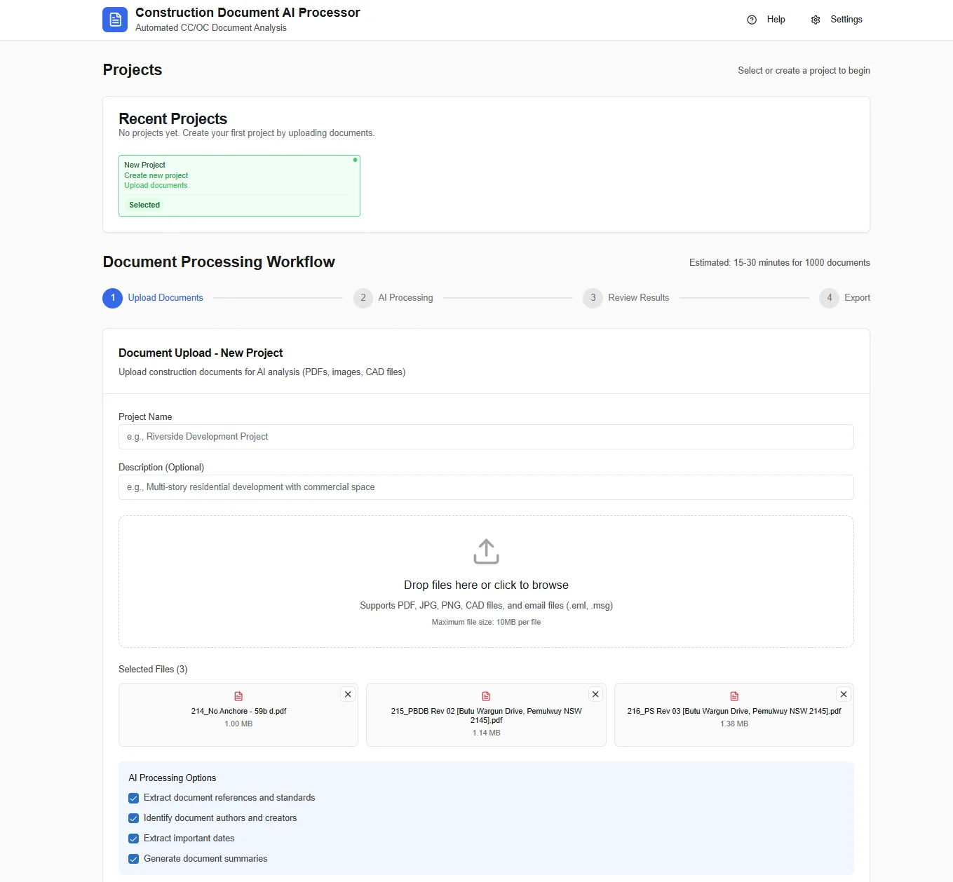 Construction Document AI Processor — a four-step workflow uploading construction certificate documents for automated CC/OC analysis, with extraction options for references, authors, dates and summaries.