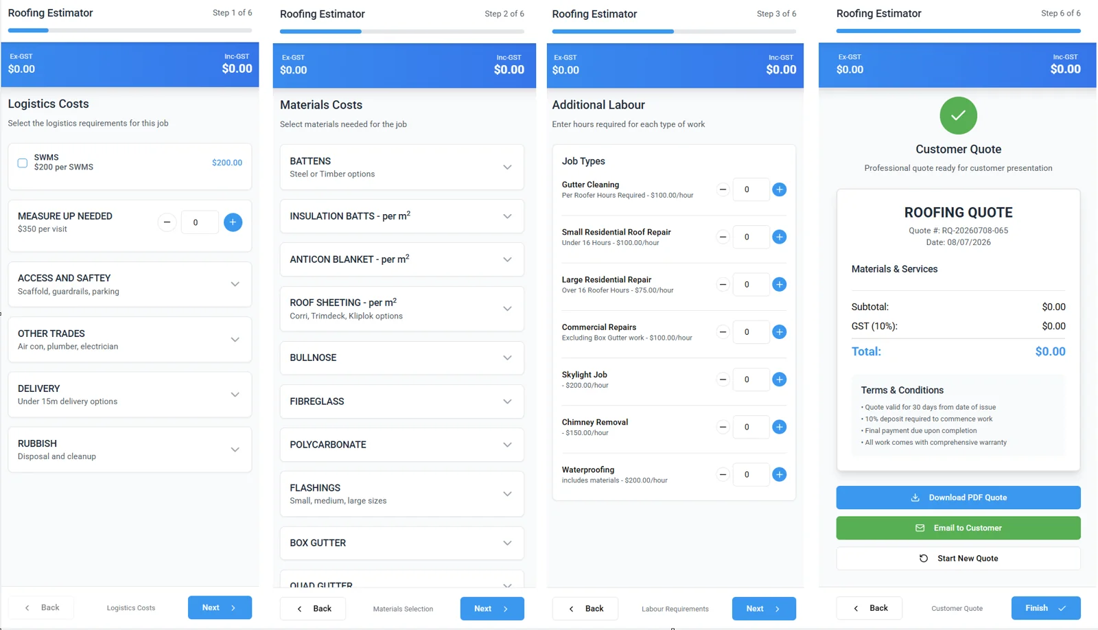 All Roofing Services estimator — a six-step mobile quoting flow from logistics and materials through labour to a finished, GST-itemised customer roofing quote ready to download or email.