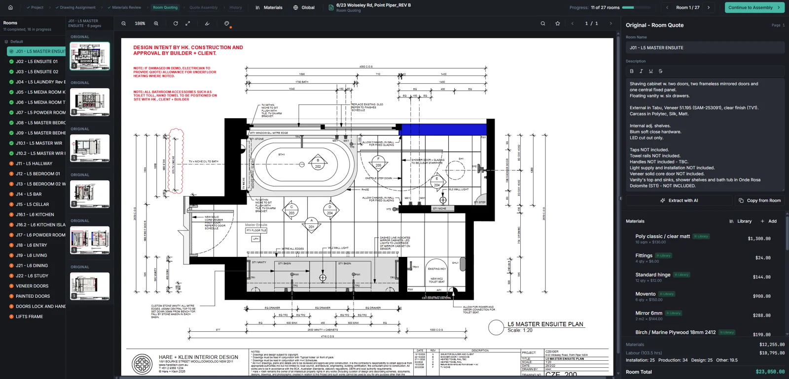 FAF Woodwork estimation tool — L5 Master Ensuite room quote showing the floor-plan drawing, room description and a live materials cost breakdown totalling $23,050.