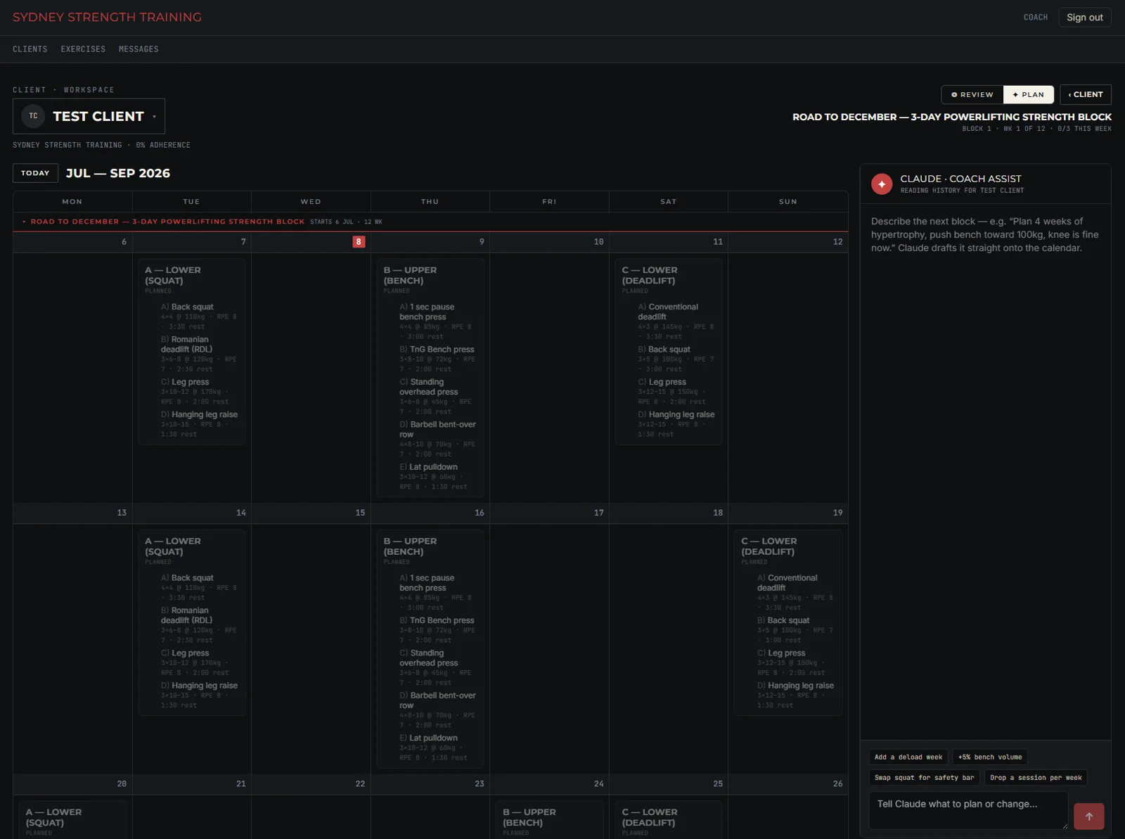 Sydney Strength Training coaching platform — a 12-week powerlifting block laid out across a calendar, with Claude Coach Assist drafting the next block from the client's history.